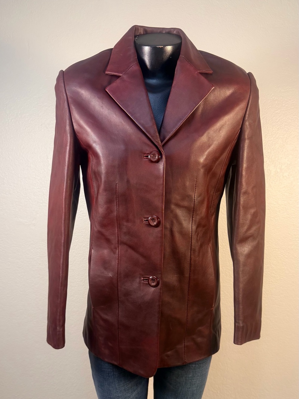 Rosleen Women's Burgundy Leather Button-Front Jacket